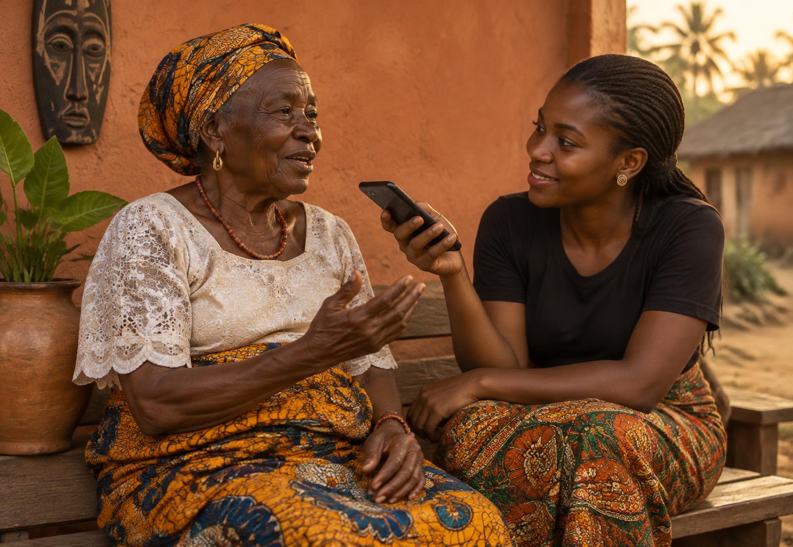 An Ibibio elder speaking while a young woman records her voice